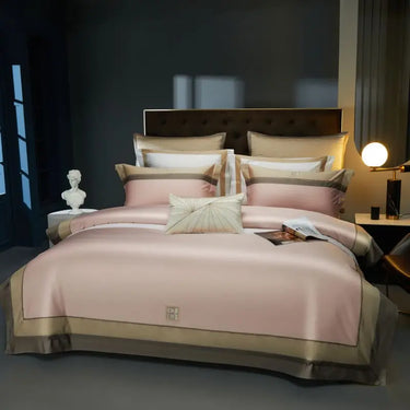 Luxury Pink Gold Embroidery Hotel Style Egyptian Cotton 1000TC Soft Silky Duvet Cover Bedding Set